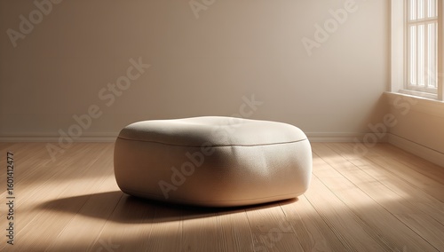 Beige Foam Pillow with Rounded Edges on Wooden Floor — Soft Natural Light Highlights Smooth Texture and Comfort