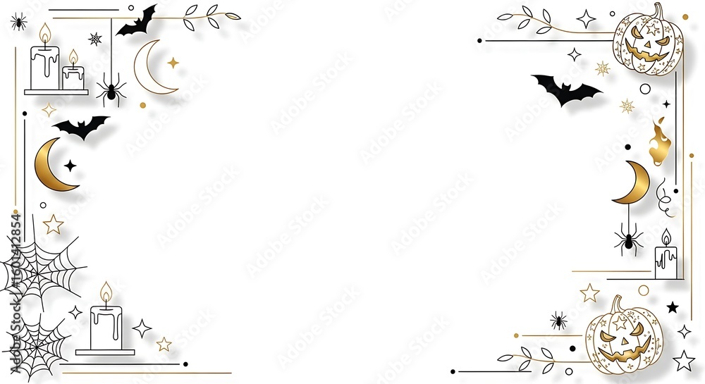 Obraz premium Elegant Halloween corner frame with gold and black line art – white background