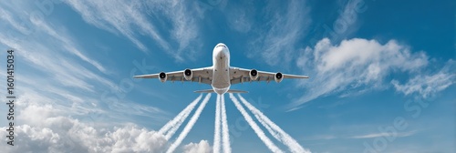 Airplane soars through vibrant blue sky, leaving contrails behind creating a dynamic sense of travel on transparent background