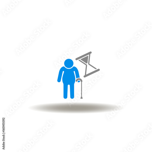 Vector illustration of elderly pensioner with walking stick and hourglass. Symbol of wellness longevity.