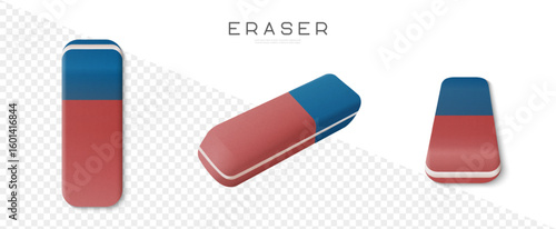 Eraser realistic vector illustration. Two color eraser for pencil and pen top and perspective view