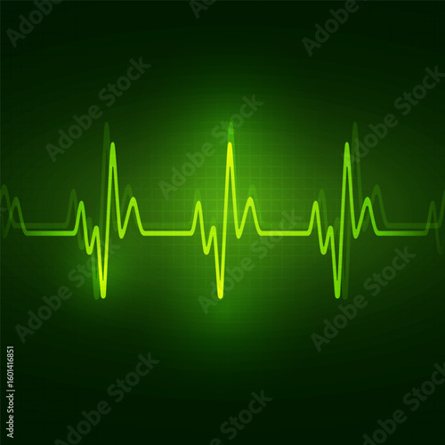 Heartbeat pulse line on green neon background. Abstract heart beat line. Vector illustration