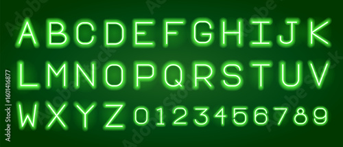 Vector green neon light alphabet letters. Digital Font with Electronic Letters, Monitor Characters, and Scoreboard Digits. Vector EPS 10