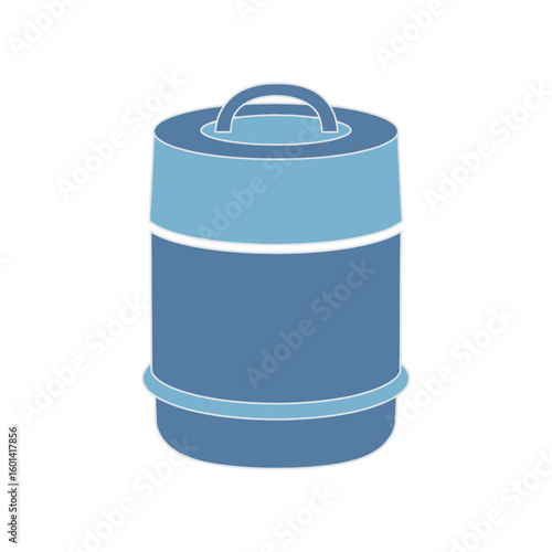 Blue cylindrical container with lid and handle isolated on white background.