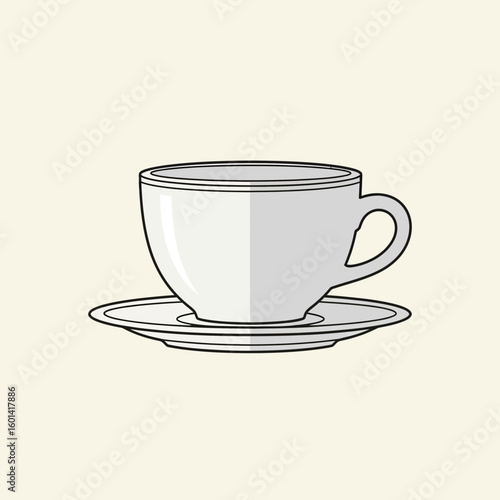 White teacup and saucer centered on a light beige background simple illustration.