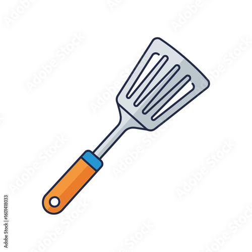 A kitchen spatula with a wooden handle is depicted against a white background.