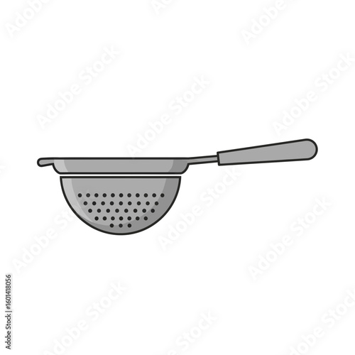 Gray colander with handle isolated on white background kitchen utensil illustration.