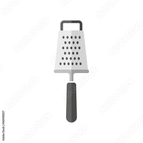 A gray grater with a handle stands on a white background.