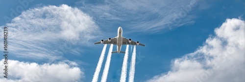 Airplane ascending through azure skies leaving chemtrails with scattered clouds viewed from below on transparent background