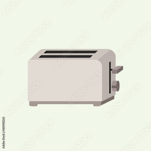 A white toaster appliance is centered on a light green background.