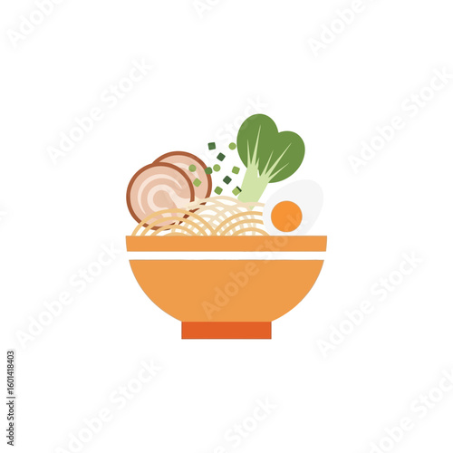 Bowl of ramen with pork slices egg and bok choy vector illustration.