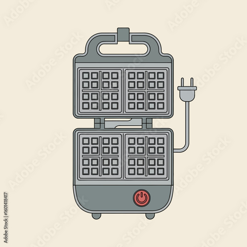 Open waffle maker appliance with cord on light background.