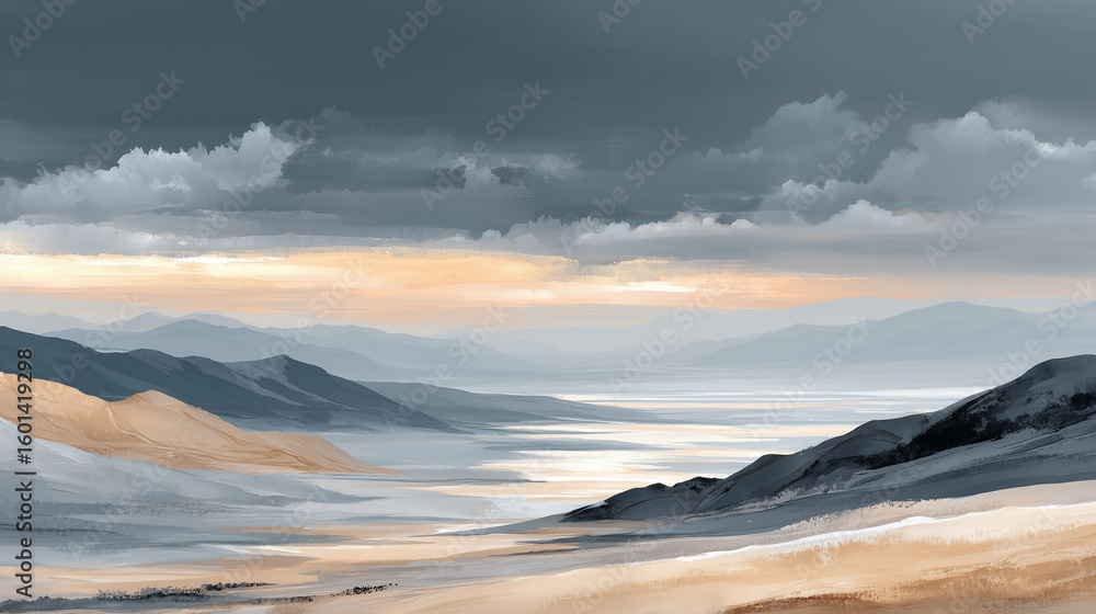 Fototapeta premium Watercolor landscape in slate blue and sand tones