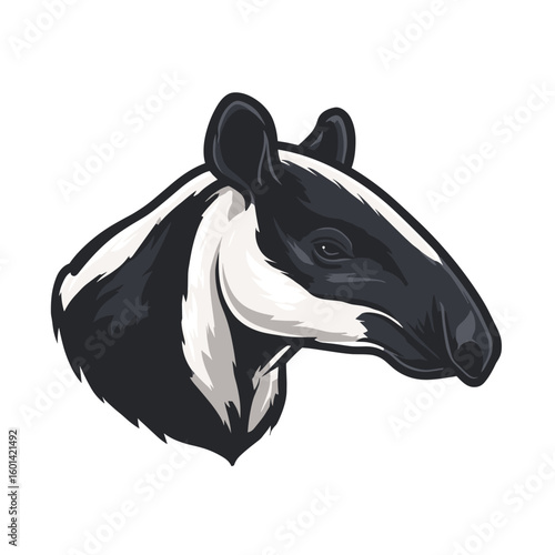 Animal illustration of a tapir with distinct black and white markings on a plain background