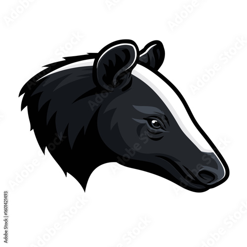 Stylized black and white animal head illustration featuring expressive eyes and vivid detailing
