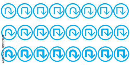 Black direction arrow icon set with straight, curved, U-turn, reload and rotation arrows, circular swirl, dartboard bullseye targets, crosshair sight symbols, silhouette vector graphic