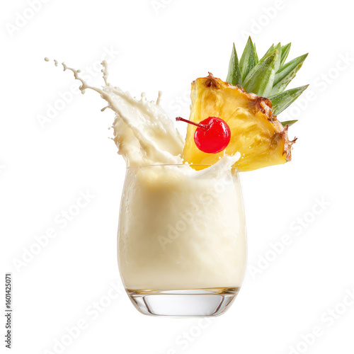 Creamy Piña Colada Splash Garnished with Pineapple and Cherry isolated On Transparent Png Background.