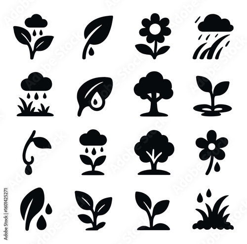 Nature silhouette icon set. featuring leaf, flower, rain, tree, plant, grass, weather icons and more.