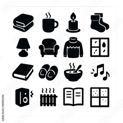 Cozy home silhouette icon set. containing blanket, mug, candle, socks, lamp, armchair, sweater, window, book, slippers, soup, music, speaker, radiator, open-book, calendar.