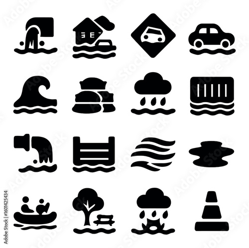Flood silhouette icon set. includes flood warning, wave, rainfall, water barrier, floodgate, evacuation, and more.