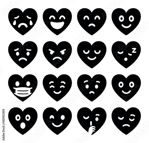 Emotions silhouette icon set: happy, sad, angry, surprised, sleepy, masked, shy heart shapes