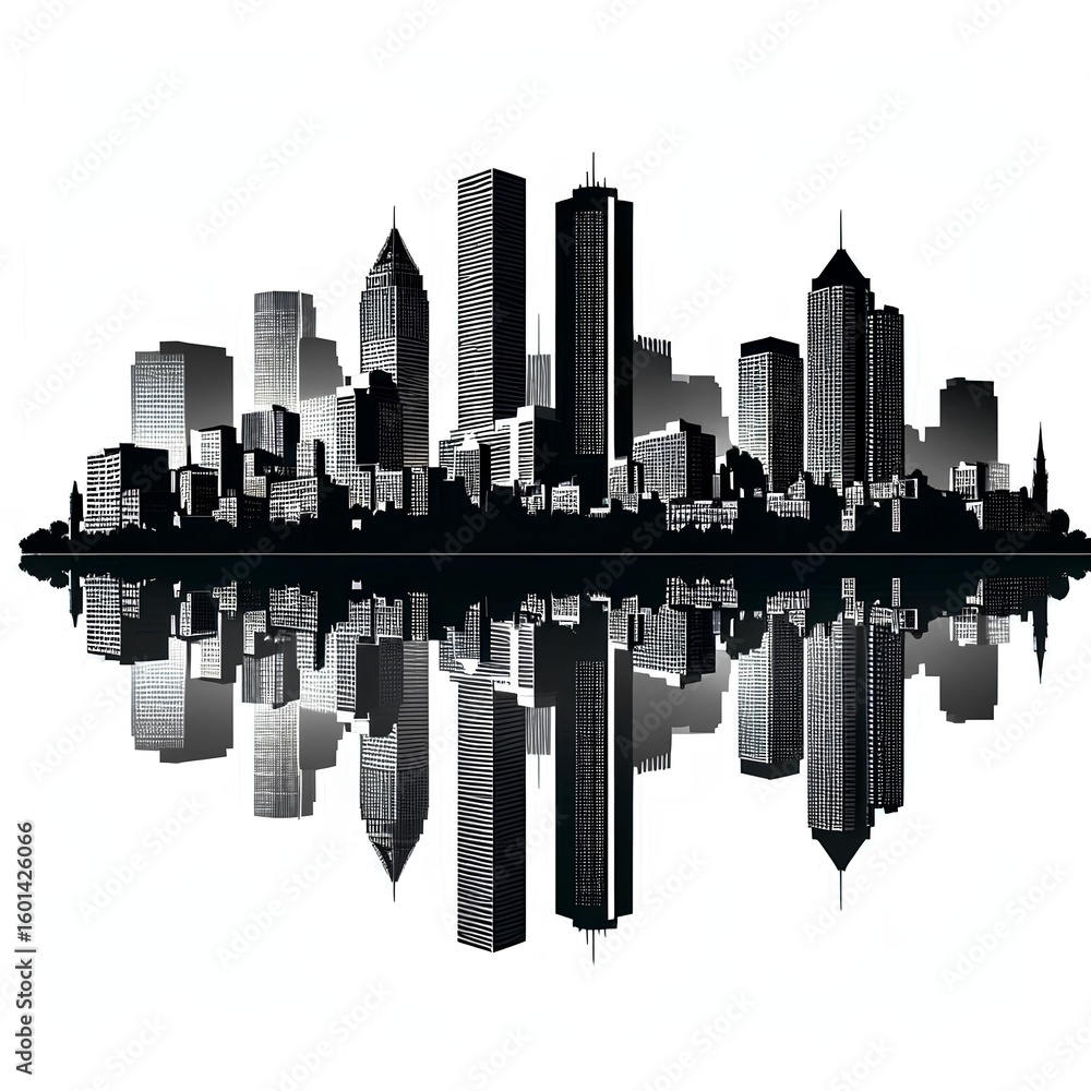 Fototapeta premium Architectural shadows: dark skyscraper forms create a bold, abstract design on white