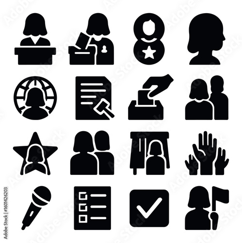 Voting and election silhouette icon set. featuring ballot, candidate, voter, speech, checklist, microphone.