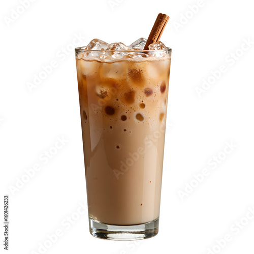 A refreshing iced chai latte garnished with aromatic spices served in a clear glass Perfect for a relaxing break