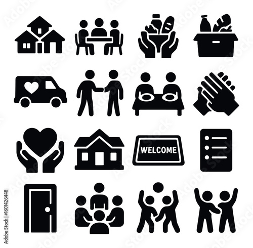 Charity silhouette icon set: community, donation, volunteer, support, shelter, food bank, welcome, teamwork