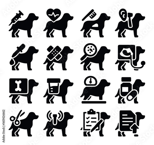 Veterinary silhouette icon set. featuring dog, syringe, heartbeat, comb, stethoscope, thermometer and more.