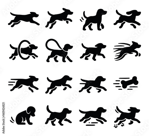 Dog silhouette icon set. featuring running, jumping, walking, playing, fetching, barking, sitting, leaping, chasing.