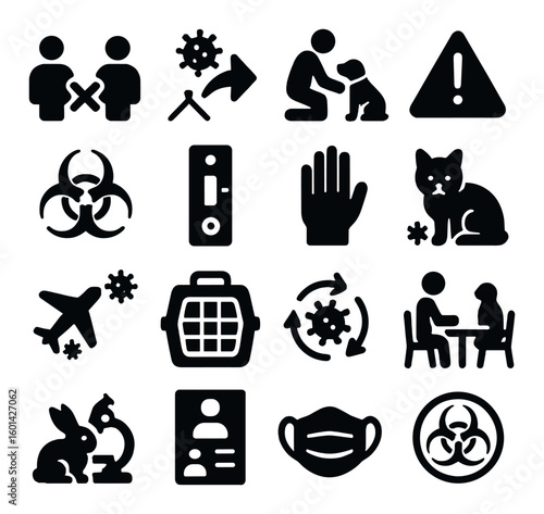 Health & safety silhouette icon set: social distancing, mask, virus, handwash, biohazard, test, quarantine, animal