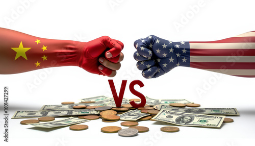 Superpower showdown: US and China flags on clashing fists, symbolizing global conflict
