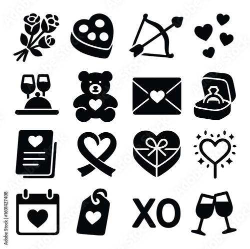 Valentine silhouette icons set. includes love, heart, gift, ring, rose, teddy, arrow, wine, card.