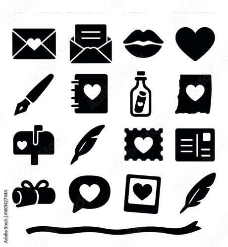 Love silhouette icon set. including envelope, lips, heart, mailbox, pen, notebook, bottle, letter, feather, gift.