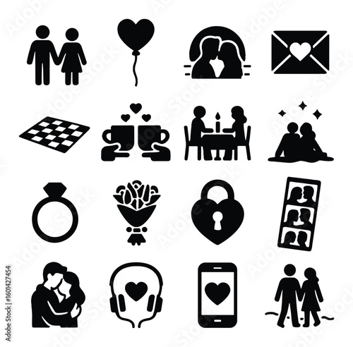 Romance silhouette icon set. containing couple, heart, love letter, engagement, dinner date, flowers and more.
