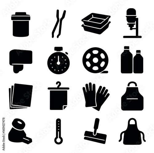 Baking silhouette icon set: mixer, oven, timer, baking sheet, bottle, apron, whisk, rolling pin, gloves