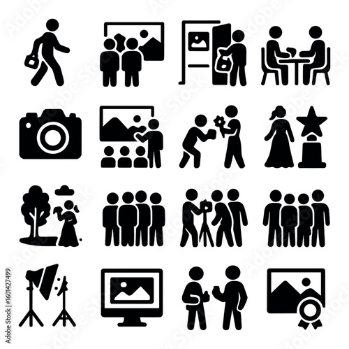 Photography silhouette icon set. containing camera, gallery, portrait, photographer, editing, award, and more.