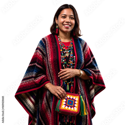 Beautiful Colombian woman in traditional ruana poncho and bag smiling warmly Embrace her culture with this charming image