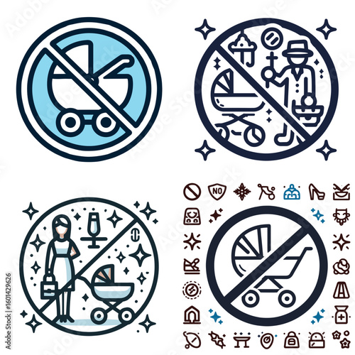 No strollers icons set with prohibition signs and graphic symbols  