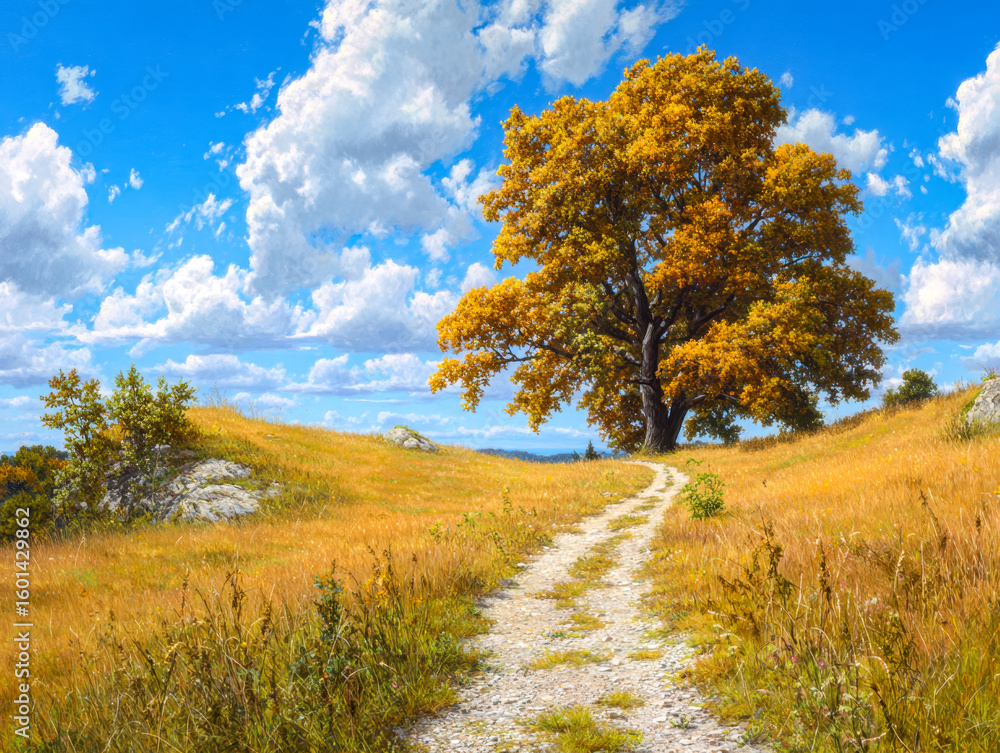 Naklejka premium A scenic dirt path leading to a vibrant autumn tree under a bright blue sky