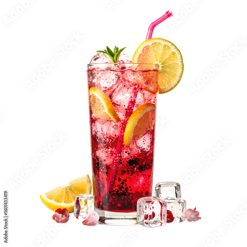 Refreshing hibiscus drink with lemon slices and ice cubes sparkling and vibrant on a clean white background