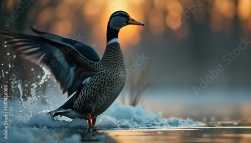 Duck quacking loudly at sunrise
