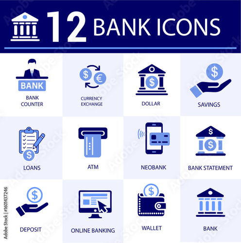 Twelve bank icons showing banking services like currency exchange and online banking in blue and white
