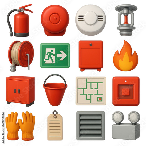 Safety 3d icons set: fire extinguisher, alarm, smoke detector, sprinkler, exit sign, fire hose, flame, gloves