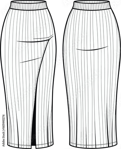 Pencil skirt fashion sketch front and back views, slit detail, waistband style, garment template design, cad drawing flat vector illustration