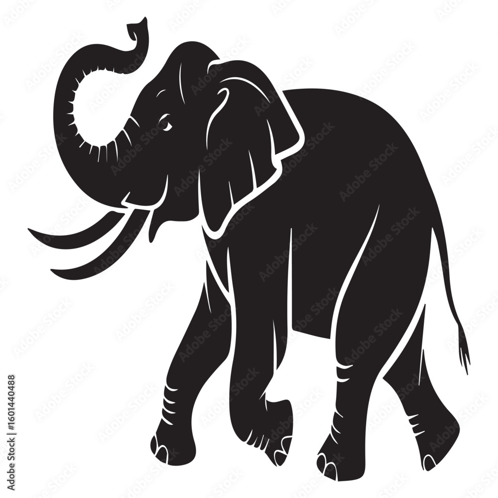 Obraz premium A majestic elephant with its trunk raised high isolated on white background