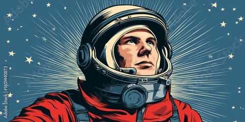 cosmonaut in vintage space suit, 1960s USSR space propaganda poster style, stars in background, proud expression, clean layout, bold colors, no text