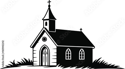 A charming black and white illustration showcases a quaint church building with a steeple and cross, surrounded by grass, perfect for religious themes and architectural designs.