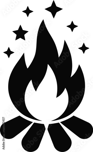 A stylized campfire icon glows with stars, perfect for camping, outdoor adventures, and cozy nights, rendered in a simple black silhouette for versatile design applications.